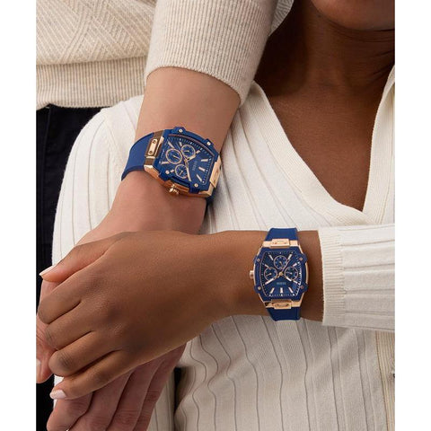 The Watch Boutique Guess Blue Rose Gold Multi-Function Watch with Silicone Strap
