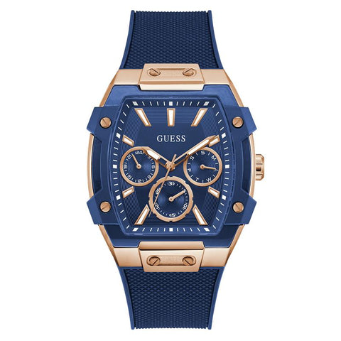 The Watch Boutique Guess Blue Rose Gold Multi-Function Watch with Silicone Strap