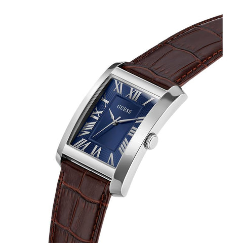 The Watch Boutique Guess Brown Leather Analog Watch – Silver Tone Case, Blue Dial