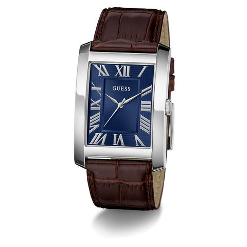 The Watch Boutique Guess Brown Leather Analog Watch – Silver Tone Case, Blue Dial