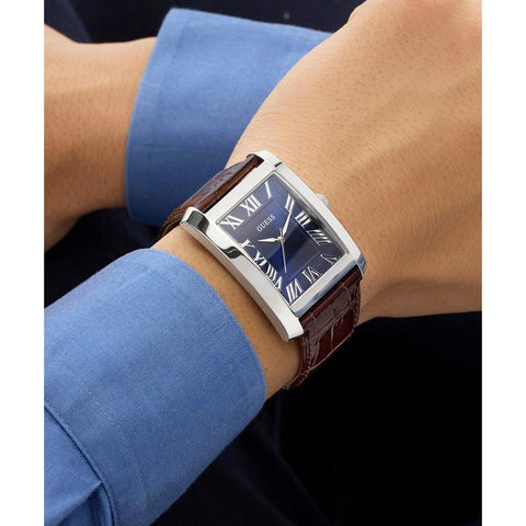 The Watch Boutique Guess Brown Leather Analog Watch – Silver Tone Case, Blue Dial