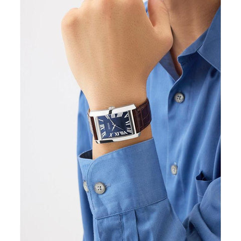 The Watch Boutique Guess Brown Leather Analog Watch – Silver Tone Case, Blue Dial