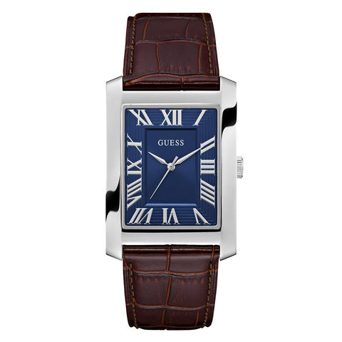 The Watch Boutique Guess Brown Leather Analog Watch – Silver Tone Case, Blue Dial