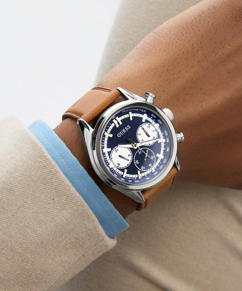 The Watch Boutique Guess Brown Leather Strap Blue Dial Multi-Function Watch