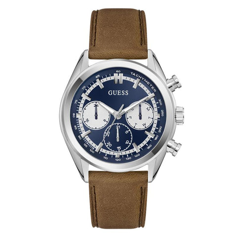The Watch Boutique Guess Brown Leather Strap Blue Dial Multi-Function Watch