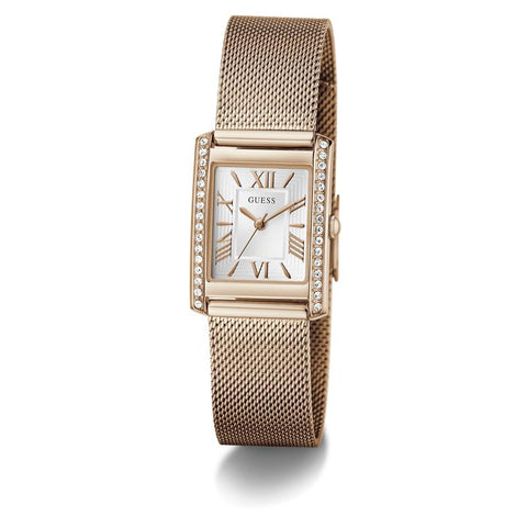 The Watch Boutique Guess Elegant Rose Gold Tone Analog Watch with Mesh Bracelet