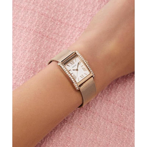 The Watch Boutique Guess Elegant Rose Gold Tone Analog Watch with Mesh Bracelet