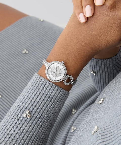 The Watch Boutique Guess Giselle Silver Tone Analog Watch with Crystal Bezel