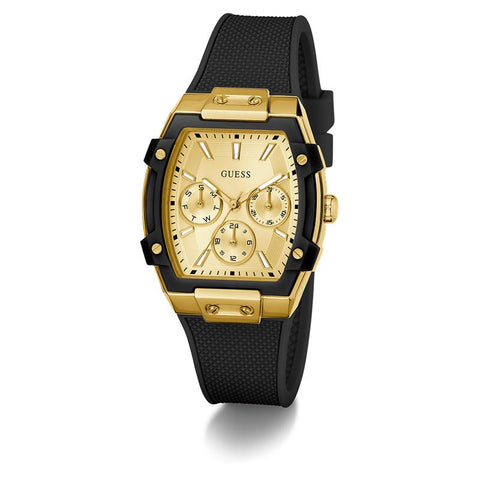 The Watch Boutique Guess Gold-Tone Black Strap Multi-Function Watch