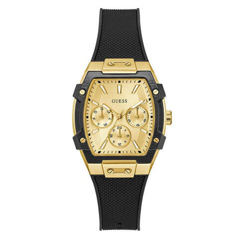 The Watch Boutique Guess Gold-Tone Black Strap Multi-Function Watch