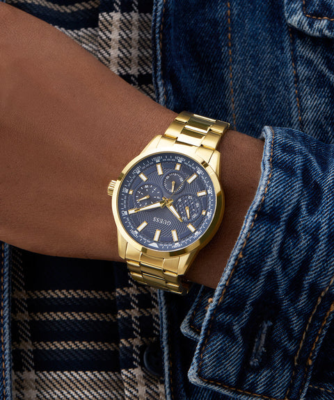 The Watch Boutique Guess Gold Tone Multi-Function Watch with Blue Dial