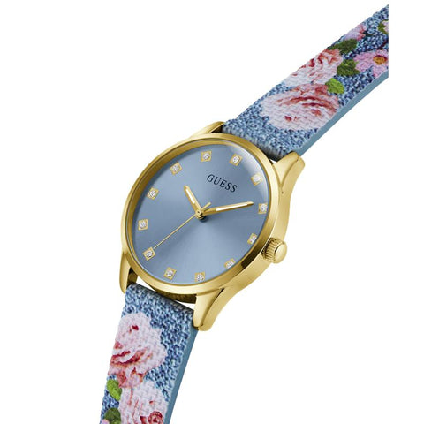 The Watch Boutique Guess Ladies Blue Gold Tone Analog Watch with Denim Strap