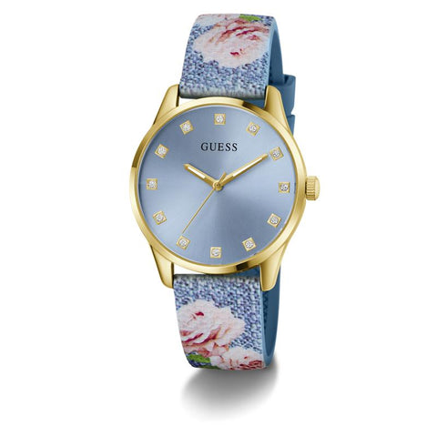 The Watch Boutique Guess Ladies Blue Gold Tone Analog Watch with Denim Strap