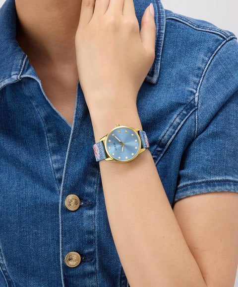 The Watch Boutique Guess Ladies Blue Gold Tone Analog Watch with Denim Strap