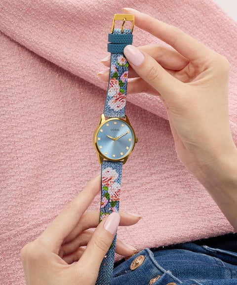 The Watch Boutique Guess Ladies Blue Gold Tone Analog Watch with Denim Strap