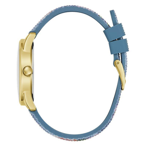The Watch Boutique Guess Ladies Blue Gold Tone Analog Watch with Denim Strap