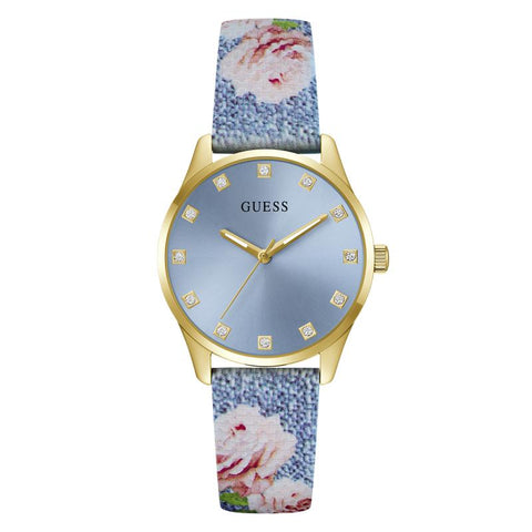 The Watch Boutique Guess Ladies Blue Gold Tone Analog Watch with Denim Strap