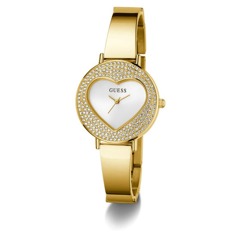 The Watch Boutique Guess Ladies Gold Tone Analog Watch with Heart‑Shaped Sunray Dial
