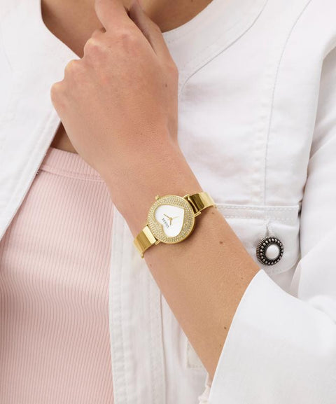 The Watch Boutique Guess Ladies Gold Tone Analog Watch with Heart‑Shaped Sunray Dial