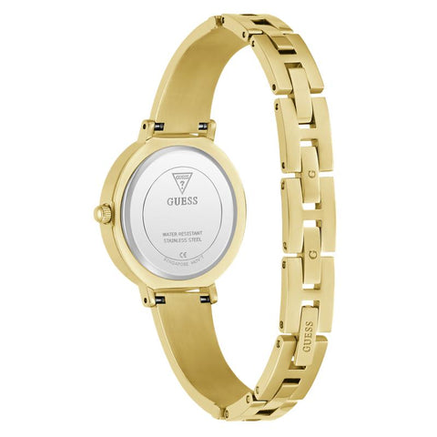 The Watch Boutique Guess Ladies Gold Tone Analog Watch with Heart‑Shaped Sunray Dial