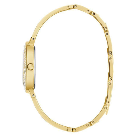 The Watch Boutique Guess Ladies Gold Tone Analog Watch with Heart‑Shaped Sunray Dial