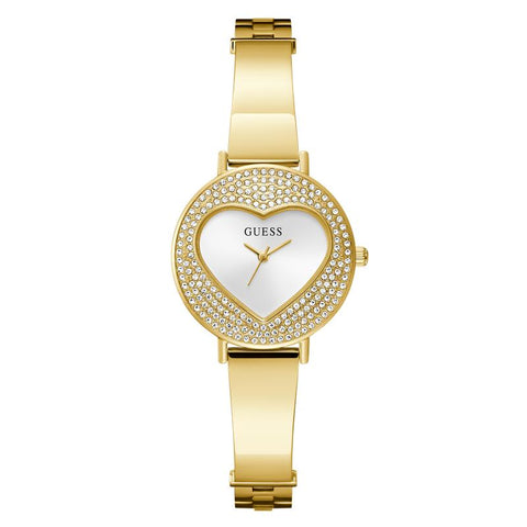 The Watch Boutique Guess Ladies Gold Tone Analog Watch with Heart‑Shaped Sunray Dial