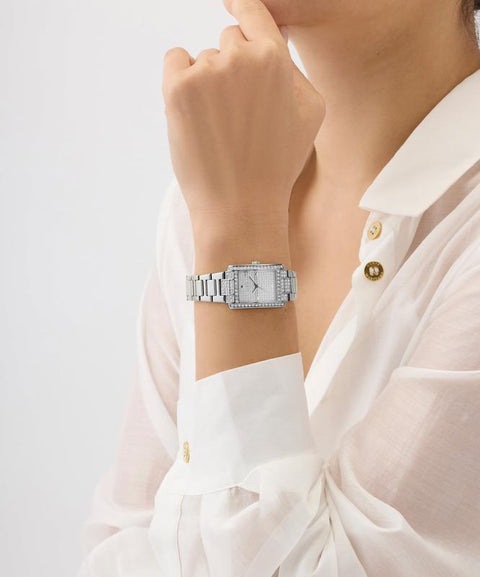 The Watch Boutique Guess Ladies Silver Tone Analog Watch with Diamond-Accented Bracelet