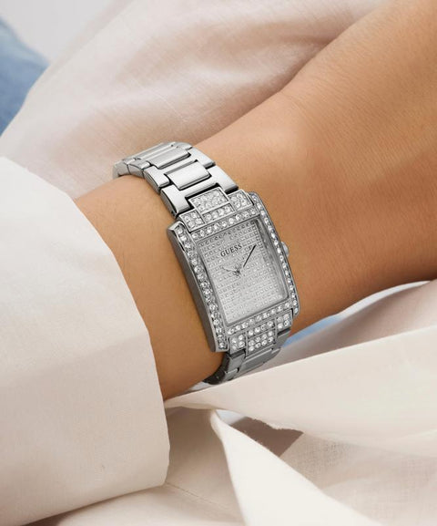The Watch Boutique Guess Ladies Silver Tone Analog Watch with Diamond-Accented Bracelet