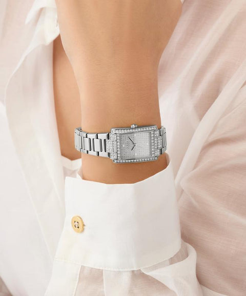 The Watch Boutique Guess Ladies Silver Tone Analog Watch with Diamond-Accented Bracelet