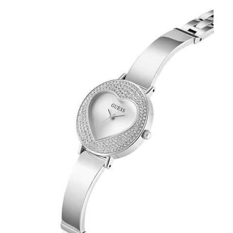 The Watch Boutique Guess Ladies Silver Tone Analog Watch with Heart-Shaped Dial