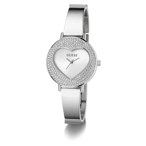 The Watch Boutique Guess Ladies Silver Tone Analog Watch with Heart-Shaped Dial