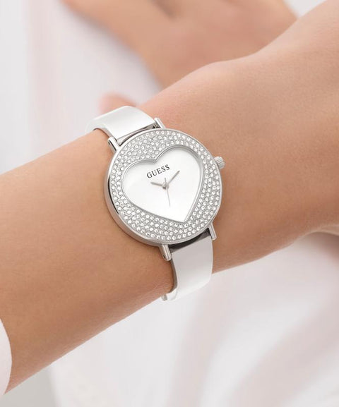 The Watch Boutique Guess Ladies Silver Tone Analog Watch with Heart-Shaped Dial