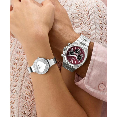 The Watch Boutique Guess Ladies Silver Tone Analog Watch with Heart-Shaped Dial