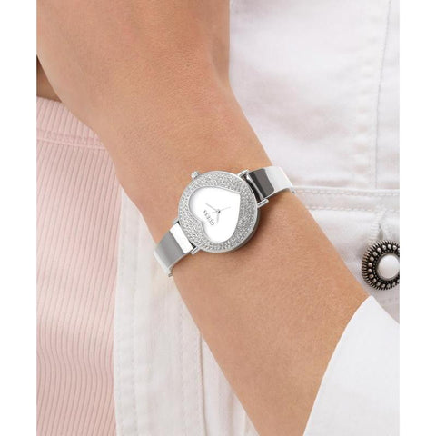 The Watch Boutique Guess Ladies Silver Tone Analog Watch with Heart-Shaped Dial