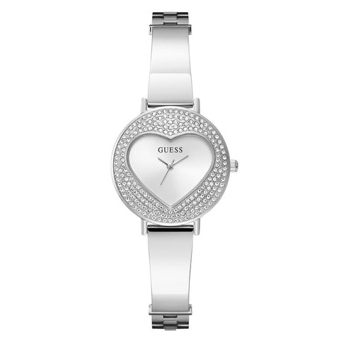 The Watch Boutique Guess Ladies Silver Tone Analog Watch with Heart-Shaped Dial