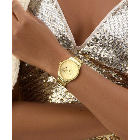 The Watch Boutique Guess Ladies Tone Analog Quartz Watch with Stoned Bezel