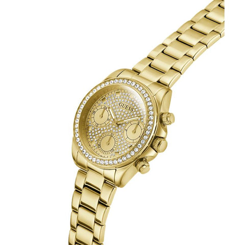 The Watch Boutique Guess Ladies Victoria Gold Tone Multi-Function Watch with Diamond-Studded Face