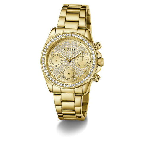 The Watch Boutique Guess Ladies Victoria Gold Tone Multi-Function Watch with Diamond-Studded Face