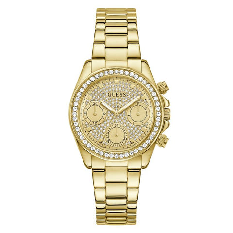 The Watch Boutique Guess Ladies Victoria Gold Tone Multi-Function Watch with Diamond-Studded Face