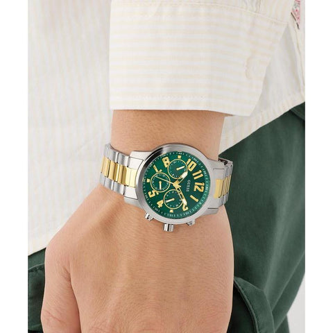 The Watch Boutique Guess Men's 2‑Tone Silver Gold Analog Watch with Green Dial