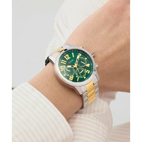 The Watch Boutique Guess Men's 2‑Tone Silver Gold Analog Watch with Green Dial