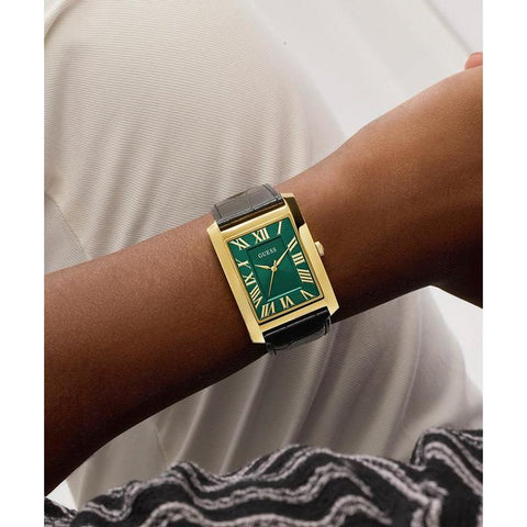 The Watch Boutique Guess Men's Black Gold Tone Analog Watch with Green Dial