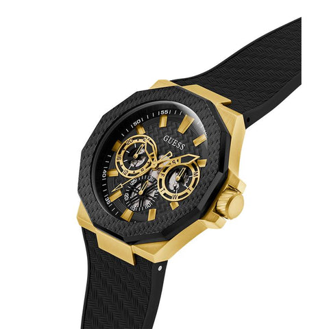 The Watch Boutique Guess Mens Black Gold Tone Multi-function Watch 45 mm