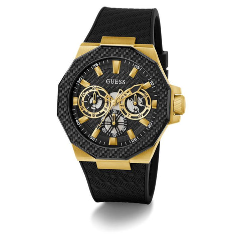 The Watch Boutique Guess Mens Black Gold Tone Multi-function Watch 45 mm