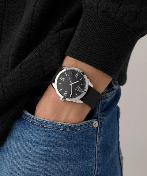 The Watch Boutique Guess Mens Black Silver Tone Analog Watch