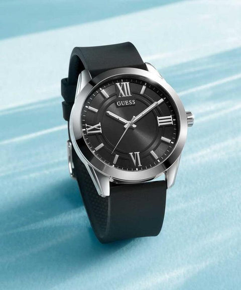 The Watch Boutique Guess Mens Black Silver Tone Analog Watch