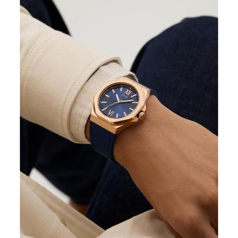 The Watch Boutique Guess Mens Blue Rose Gold Tone Analog Watch