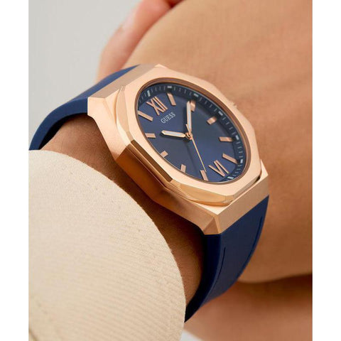 The Watch Boutique Guess Mens Blue Rose Gold Tone Analog Watch