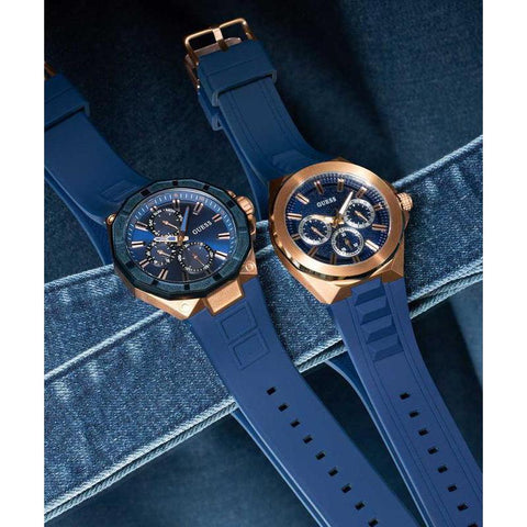 The Watch Boutique Guess Mens Blue Rose Gold Tone Multi-function Watch