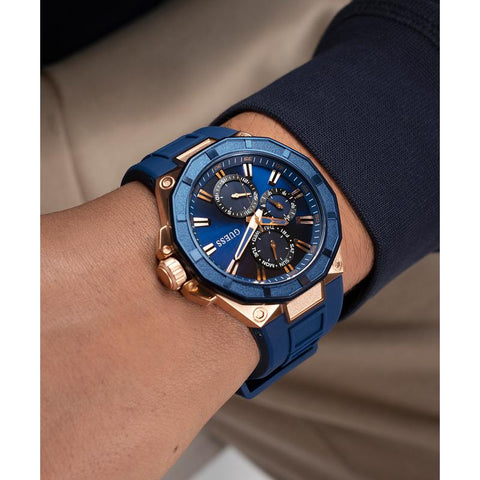 The Watch Boutique Guess Mens Blue Rose Gold Tone Multi-function Watch